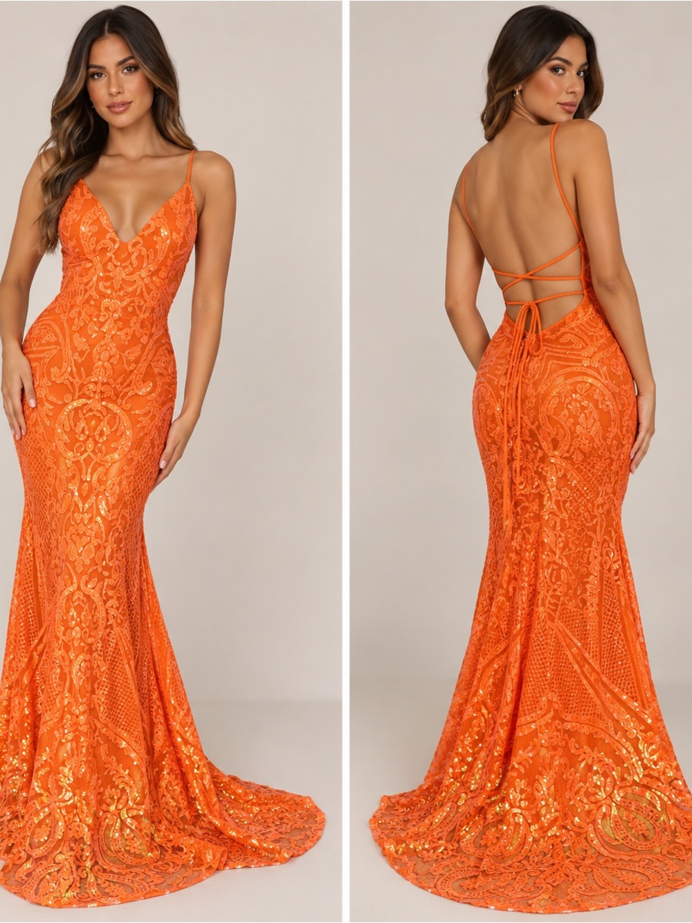 Orange Sequin Lace Backless Mermaid Prom Formal Gown Size 4